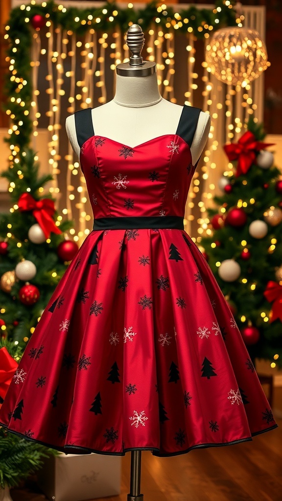 A stylish red and black Christmas dress on a mannequin with holiday decorations in the background.